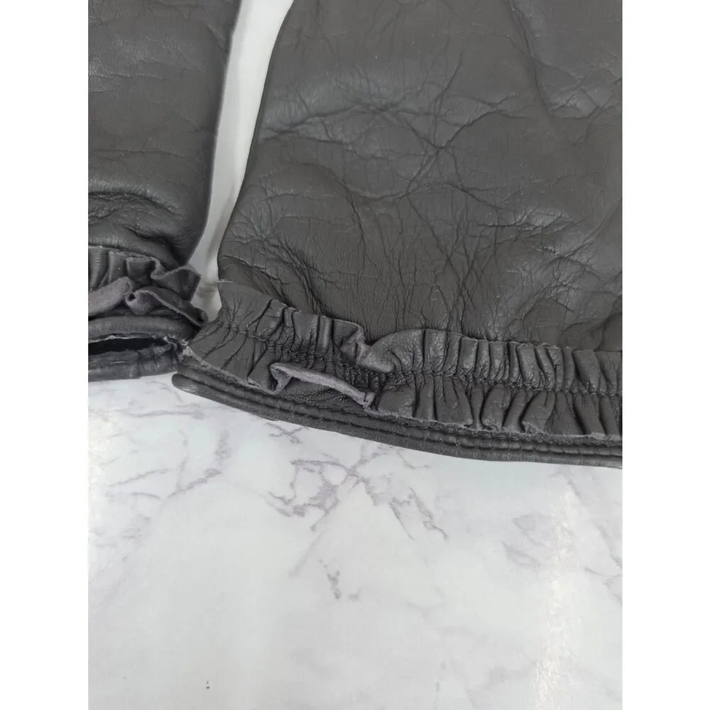 Banana Republic Gray Leather Driving Gloves With Ruffled Cuff Wool Lining